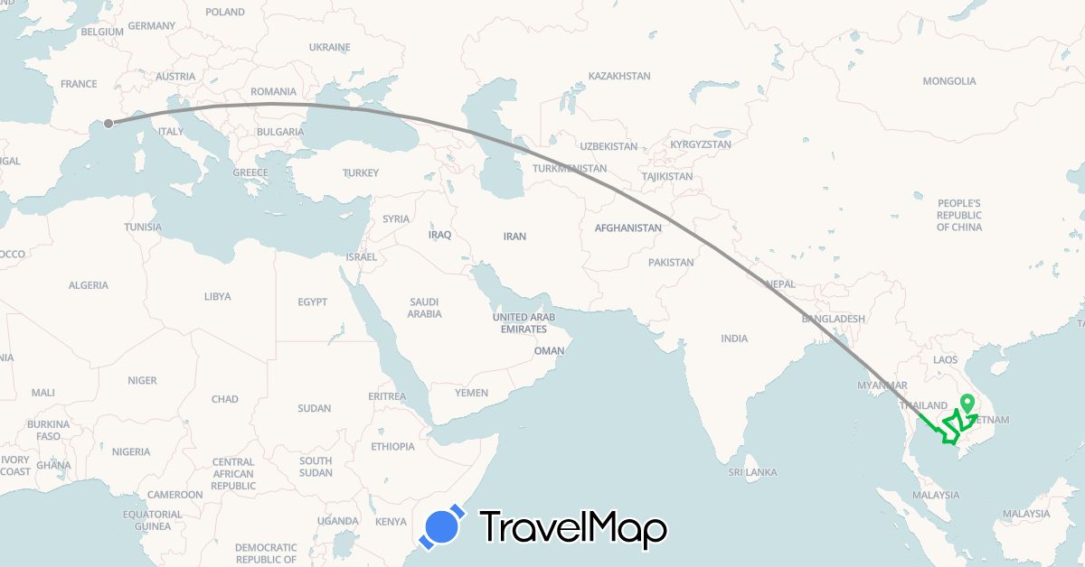 TravelMap itinerary: driving, bus, plane in France, Cambodia, Thailand (Asia, Europe)
